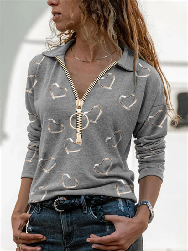 Stylish V-Neck Zipper Long Sleeves in Love Digital Print - Available in Cotton Blend, Polyester Fiber Composition - Size Chart and Images Included