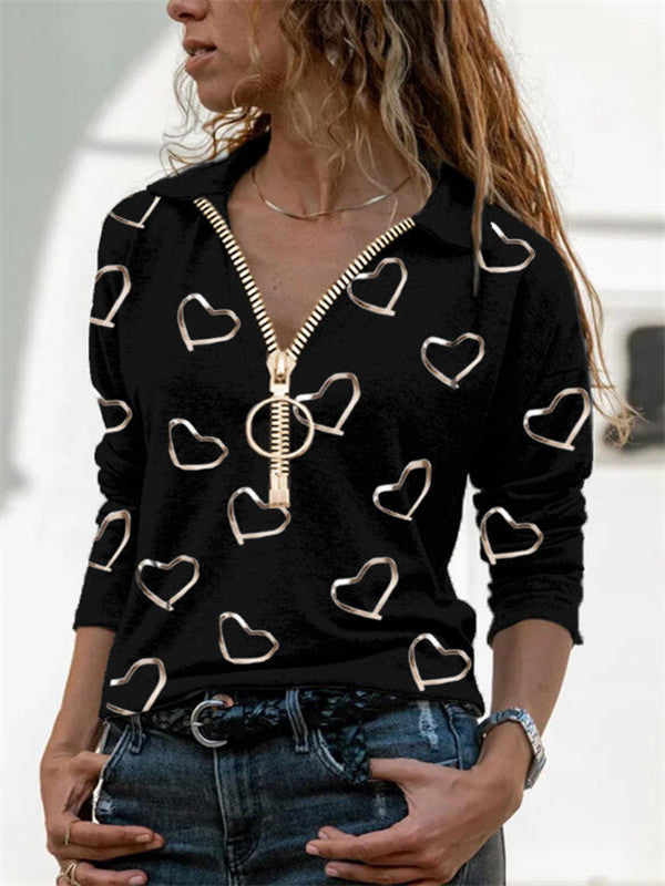 Stylish V-Neck Zipper Long Sleeves in Love Digital Print