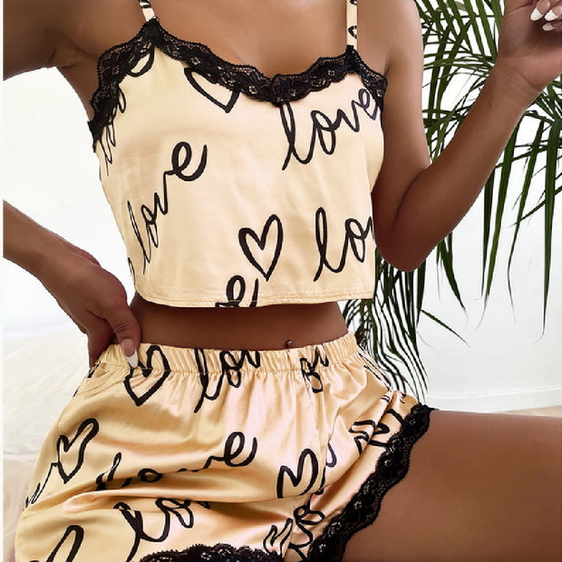 Upgrade Your Loungewear with Our Women's Lace Suspender Shorts Pajama Set - V-Neck, Sedin Fabric, Sizes S-XXXL | Comfortable, Stylish, and Available in Multiple Colors. Shop Now!