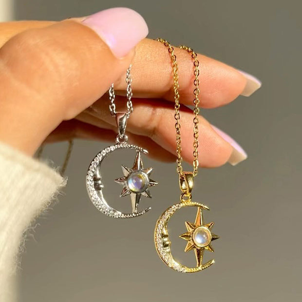 Fashion Jewelry Fashion Moon Star Zircon Pendant Necklace Stainless Steel